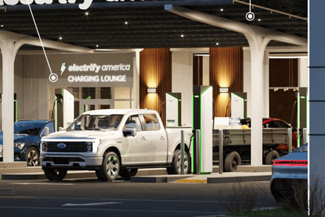 Ford F-150 Lightning Electrify America Unveils New "Oasis" Charging Station and Charger Design. Press Release Features F150L and Pull-Through Charging Spots 1648133679033