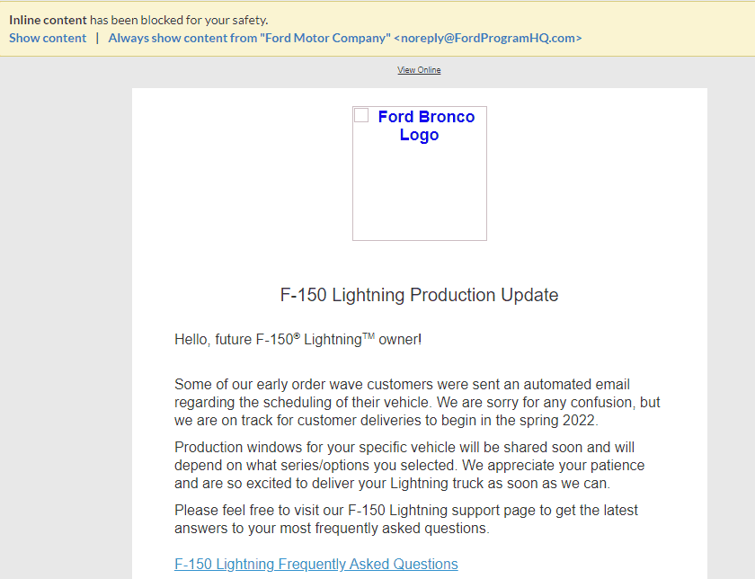 Ford F-150 Lightning Lightning Production Date Error Email From Ford 1649870572337