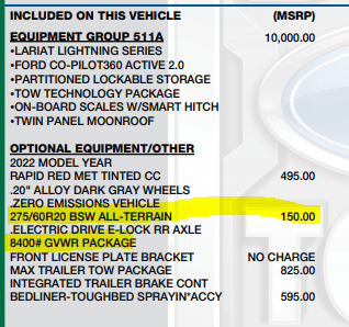 Ford F-150 Lightning 275/60R20 All Terrain Tire Option Reduces Lightning GVWR by 150 Pounds 1651253261253