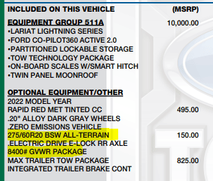 Ford F-150 Lightning 275/60R20 All Terrain Tire Option Reduces Lightning GVWR by 150 Pounds 1651253366915