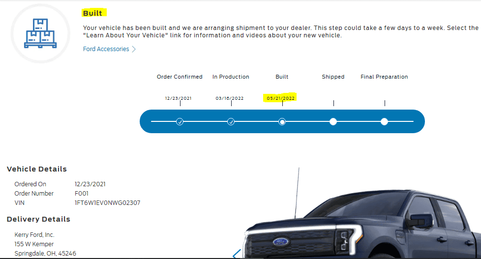 Ford F-150 Lightning Proof at least one 2022 Lightning has achieved "built" status. [Update: now "shipped"]! 1653337052587