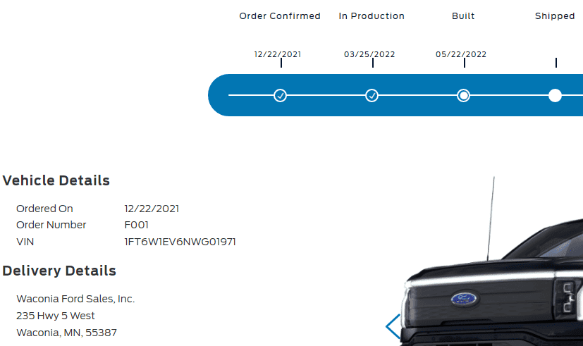 Ford F-150 Lightning Proof at least one 2022 Lightning has achieved "built" status. [Update: now "shipped"]! 1653337780266
