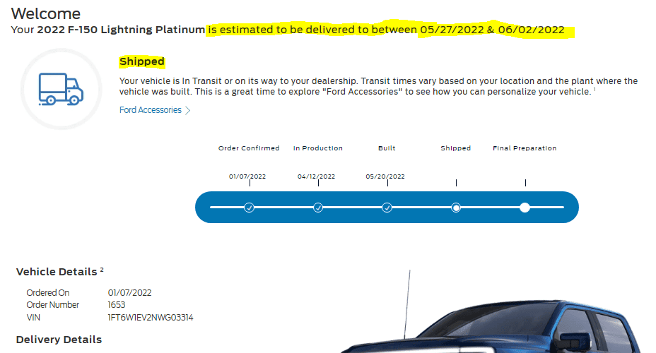 Ford F-150 Lightning Proof at least one 2022 Lightning has achieved "built" status. [Update: now "shipped"]! 1653423525338