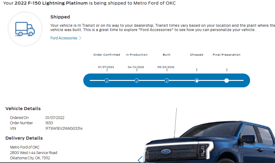 Ford F-150 Lightning Proof at least one 2022 Lightning has achieved "built" status. [Update: now "shipped"]! 1653447660493