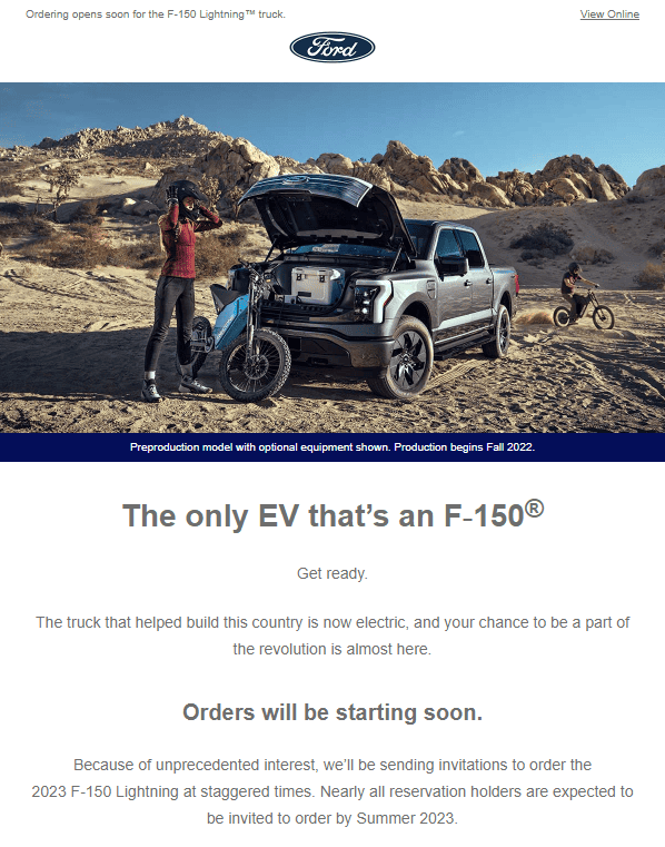 Ford F-150 Lightning [Oct 10] Email just received from Ford: "What's next for your F-150 Lightning Reservation - Orders will be starting soon" 1665442967477