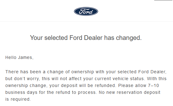 Ford F-150 Lightning Dealer ownership changed - deposit refunded? 1666629585694