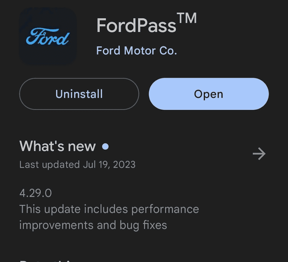 Ford F-150 Lightning FordPass 4.29.2 update (Performance & Bug Fixes) was 4.29.0 1690377129378