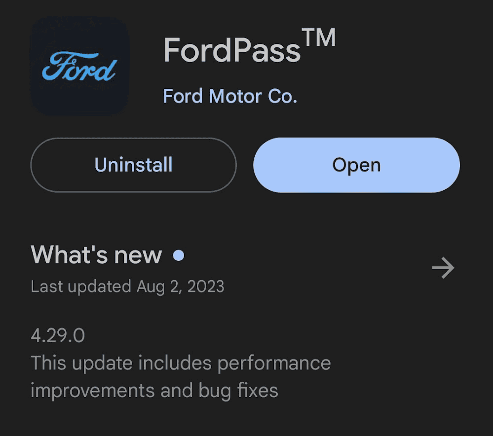 Ford F-150 Lightning FordPass 4.29.2 update (Performance & Bug Fixes) was 4.29.0 1691493086173