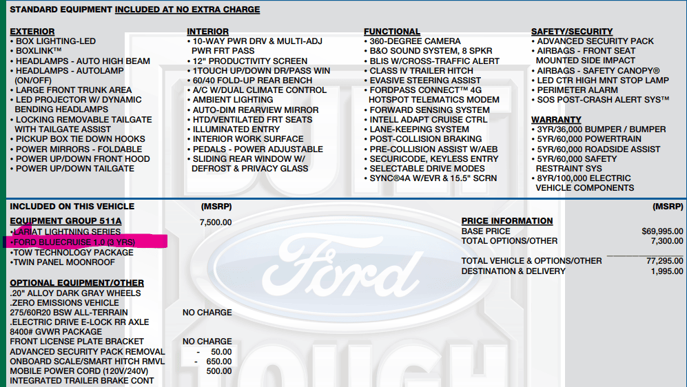 Ford F-150 Lightning Is BlueCruise included with Lariat? 1692135730485