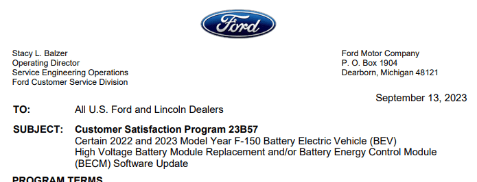 Ford F-150 Lightning CSP-23B57 for High Voltage Battery Notice 1695403586837