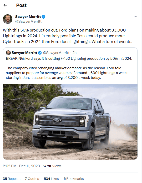 Ford F-150 Lightning Ford says it's cutting F-150 Lightning production by Half in 2024 1702339988139