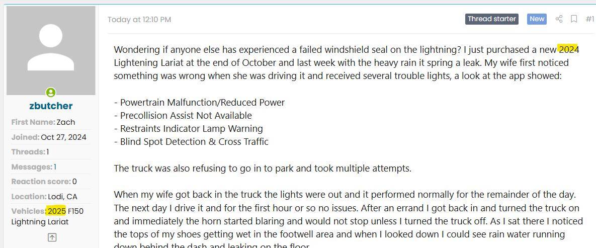 Ford F-150 Lightning 2024 Lightning Leaking Windshield Seal & Electrical Issues 1732844864345-08