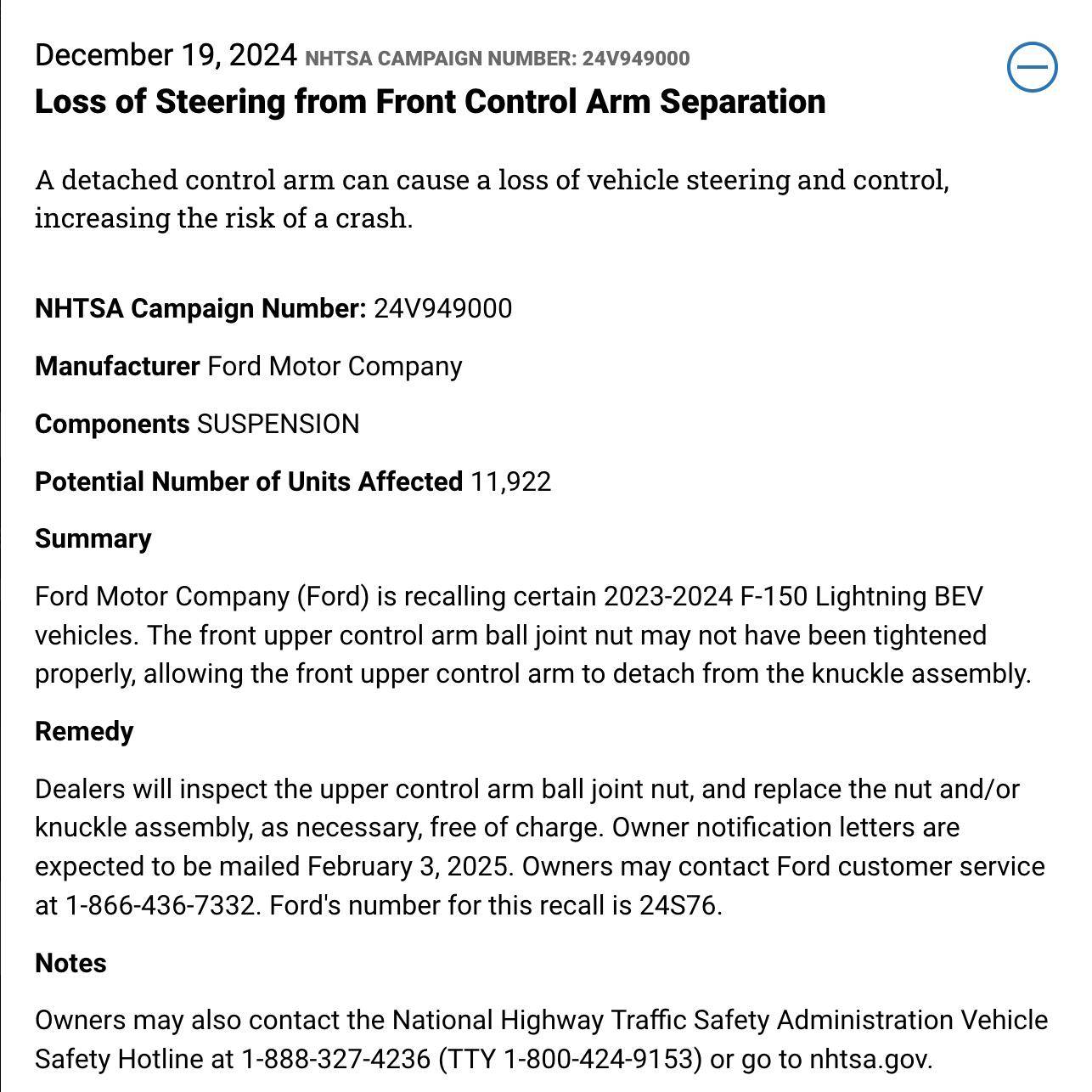 Ford F-150 Lightning NHTSA Recall - Loss of Steering from Front Control Arm Separation (Impacting certain 2023 to 2024 builds) 1735089688936-uv