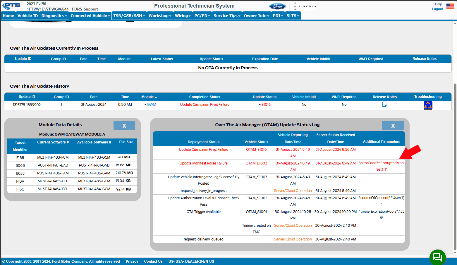 Ford F-150 Lightning Lightning Software Updates using FDRS 1FTVW1EV7PWG06644-31-Aug-24OTA