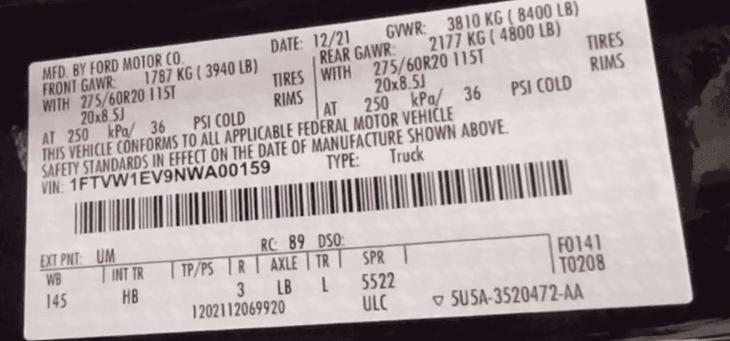 Ford F-150 Lightning Load sticker #'s from door jam of Extended Range Lightning 2022 F-150 Lightning Load Sticker Figure Door Jam 1