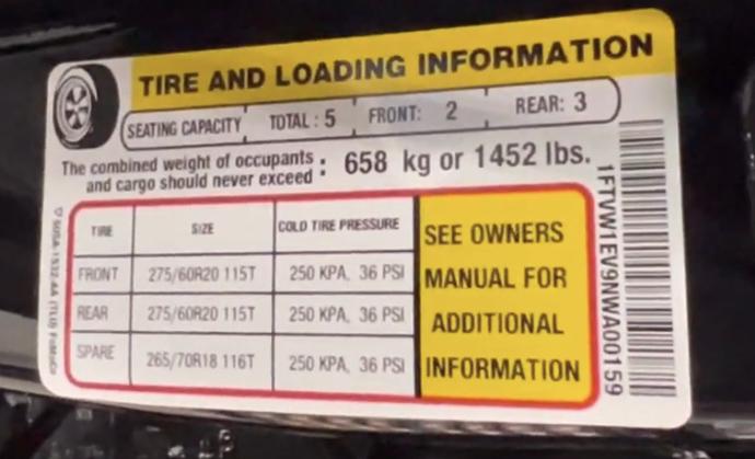 Ford F-150 Lightning Load sticker #'s from door jam of Extended Range Lightning 2022 F-150 Lightning Load Sticker Figure Door Jam