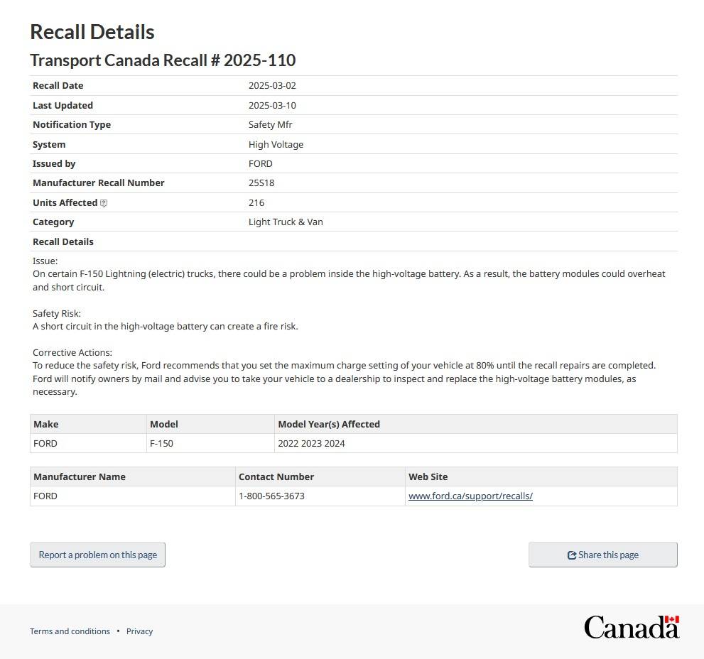 Ford F-150 Lightning Safety Program: 25S18: HV Battery Electrode Misalignment Discussion 2023 2-28 Notice of recall  Canada