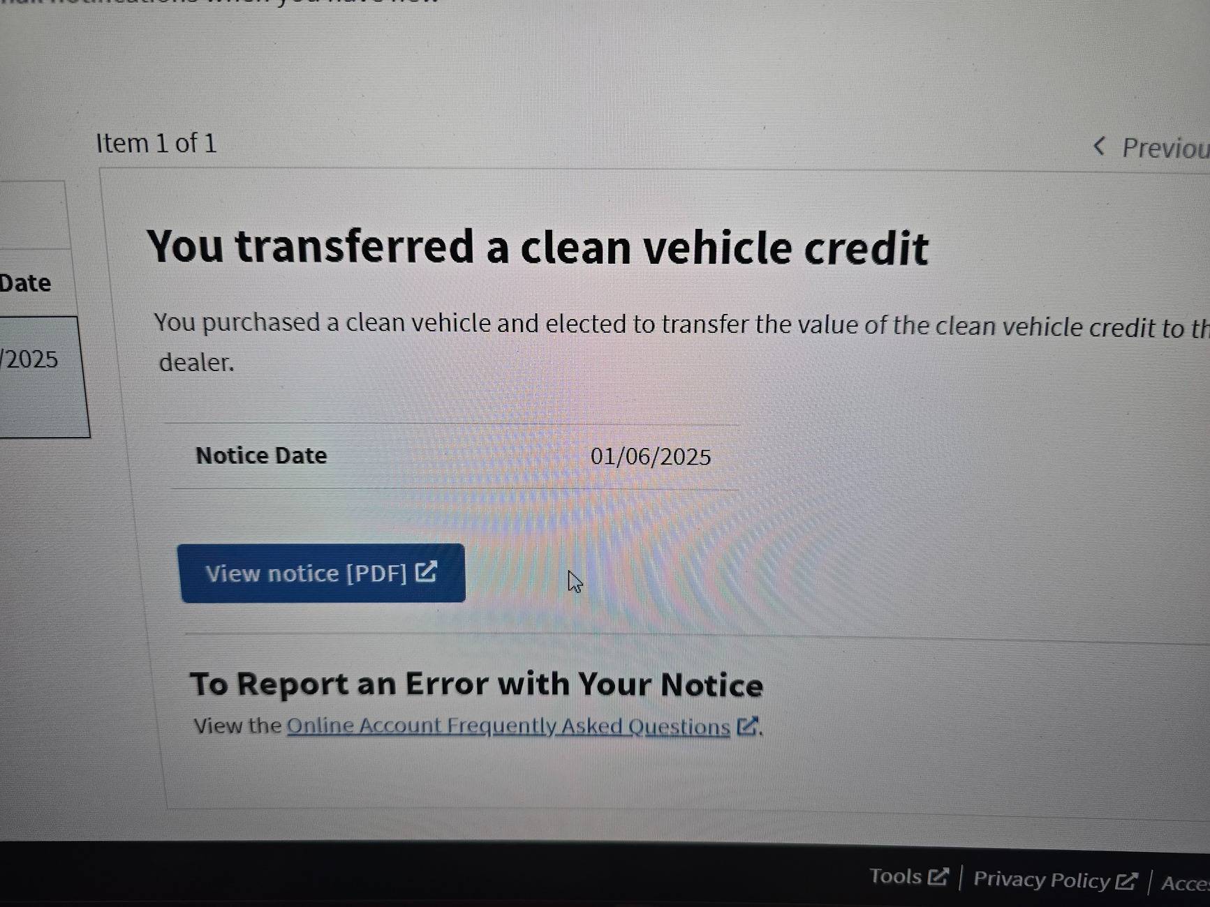 Ford F-150 Lightning IRS Notice CP99D Transferred Tax Credit letter 2025 20250122_135653