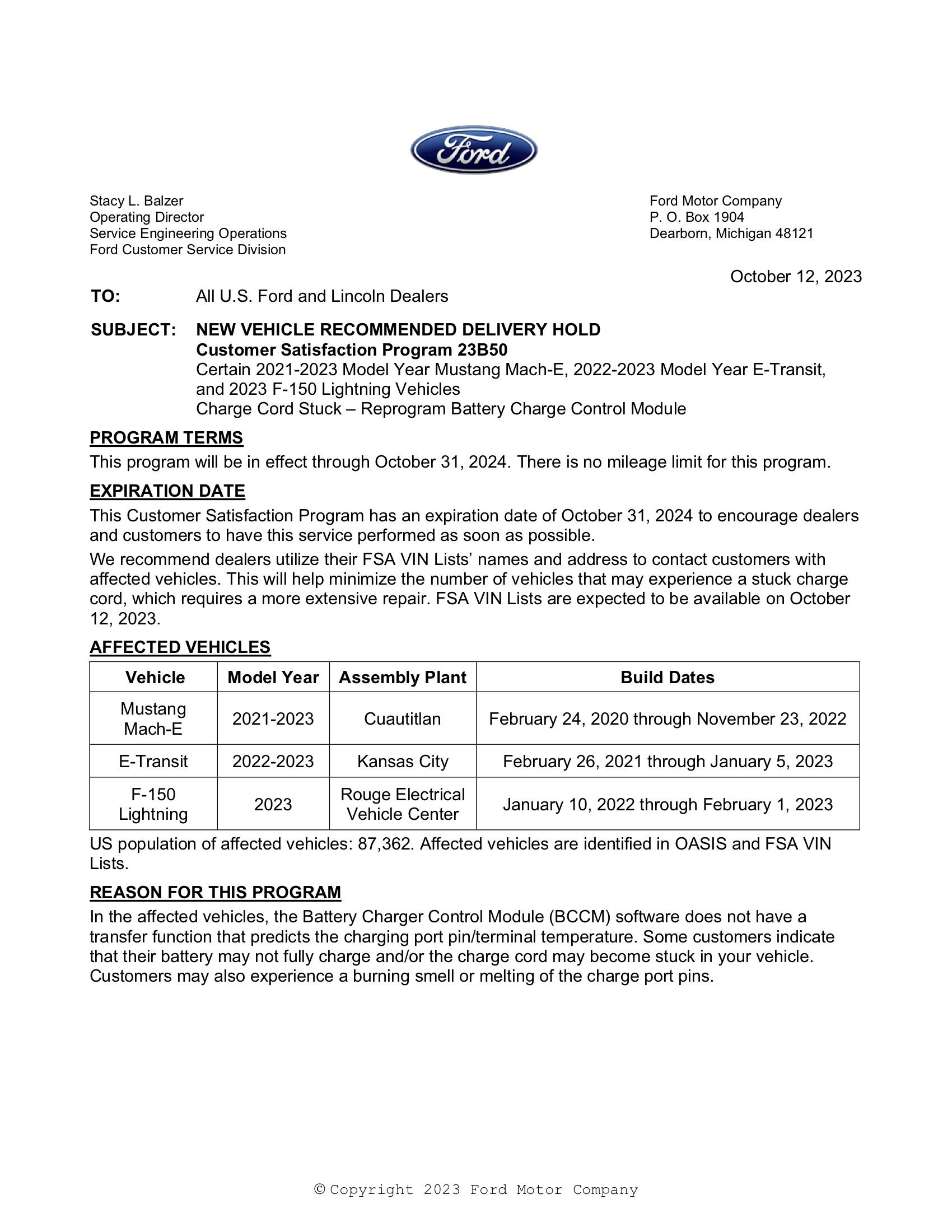 Ford F-150 Lightning CSP-23B50 Charge Cord Stuck - Reprogram Battery Charge Control Module. 23B50 p1