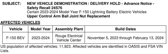 Ford F-150 Lightning NHTSA Recall - Loss of Steering from Front Control Arm Separation (Impacting certain 2023 to 2024 builds) 24S76_Advance_Notice