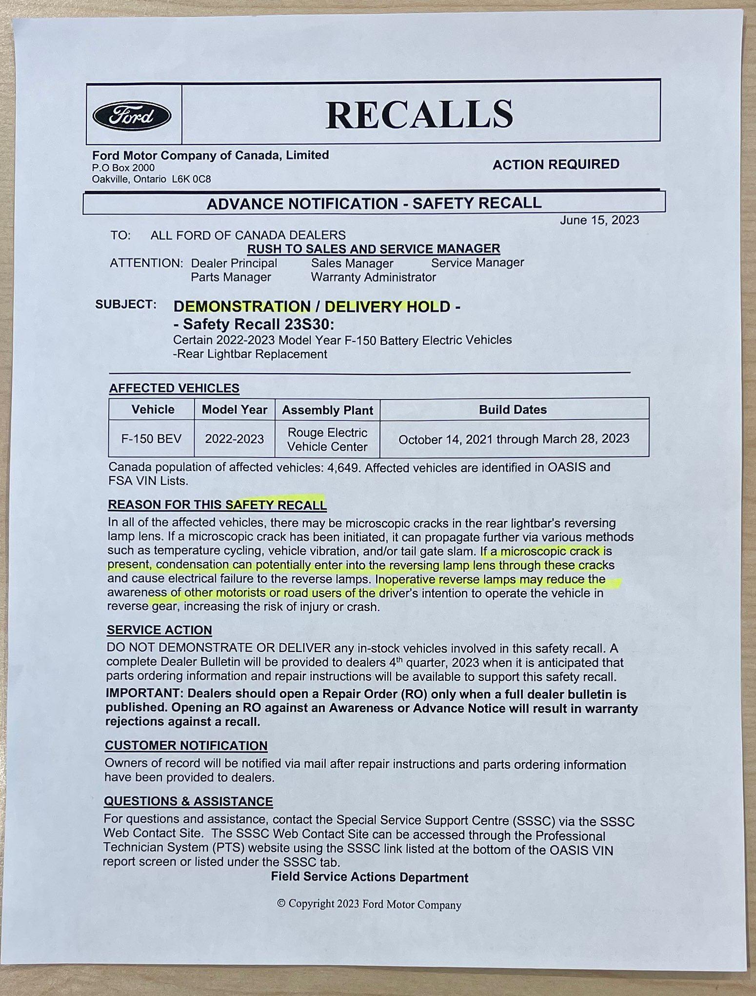 Ford F-150 Lightning TSB/Safety Recall 23S30: Rear Light bar Replacement for 2022-23 F-150 Lightning 3139951136616587170