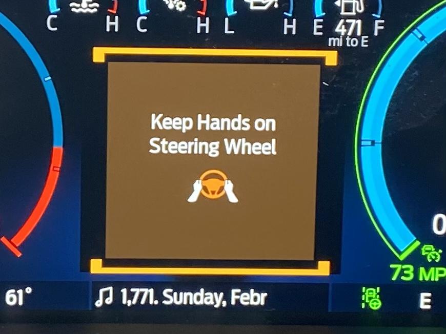 Ford F-150 Lightning Lane centering saying keep hands on wheel message even when hands are on wheel 344F9D98-32C3-4FA9-BBB6-A81D106902A3