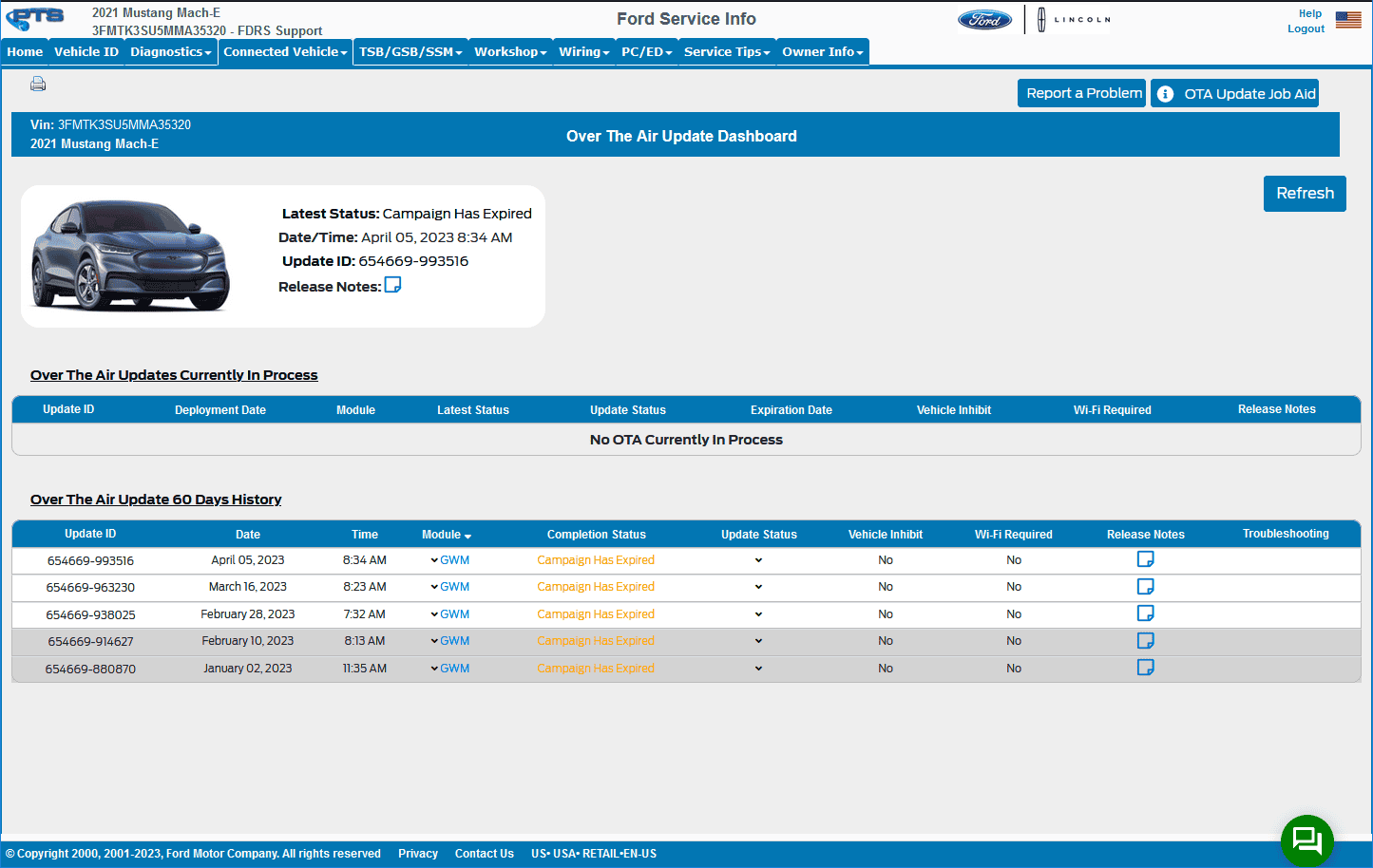 Ford F-150 Lightning No Vehicle Software Updates Received 3FMTK3SU5MMA35320-OTA-Expired