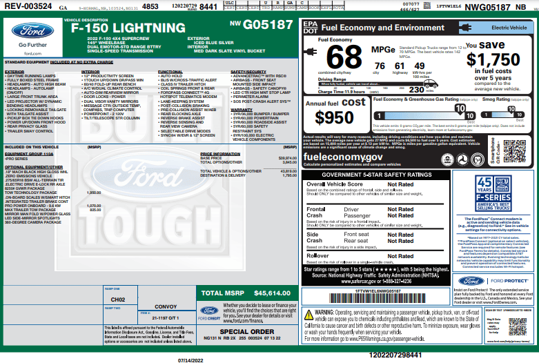 Ford F-150 Lightning ✅ 7/25 Lightning Build Week Group 7 13 Window Sticker LIGHTNING