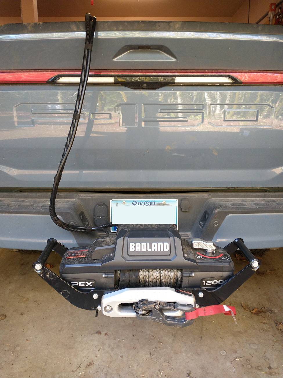 Ford F-150 Lightning 12k winch, trailer hitch mount, deep cycle battery, battery charger setup aft_view