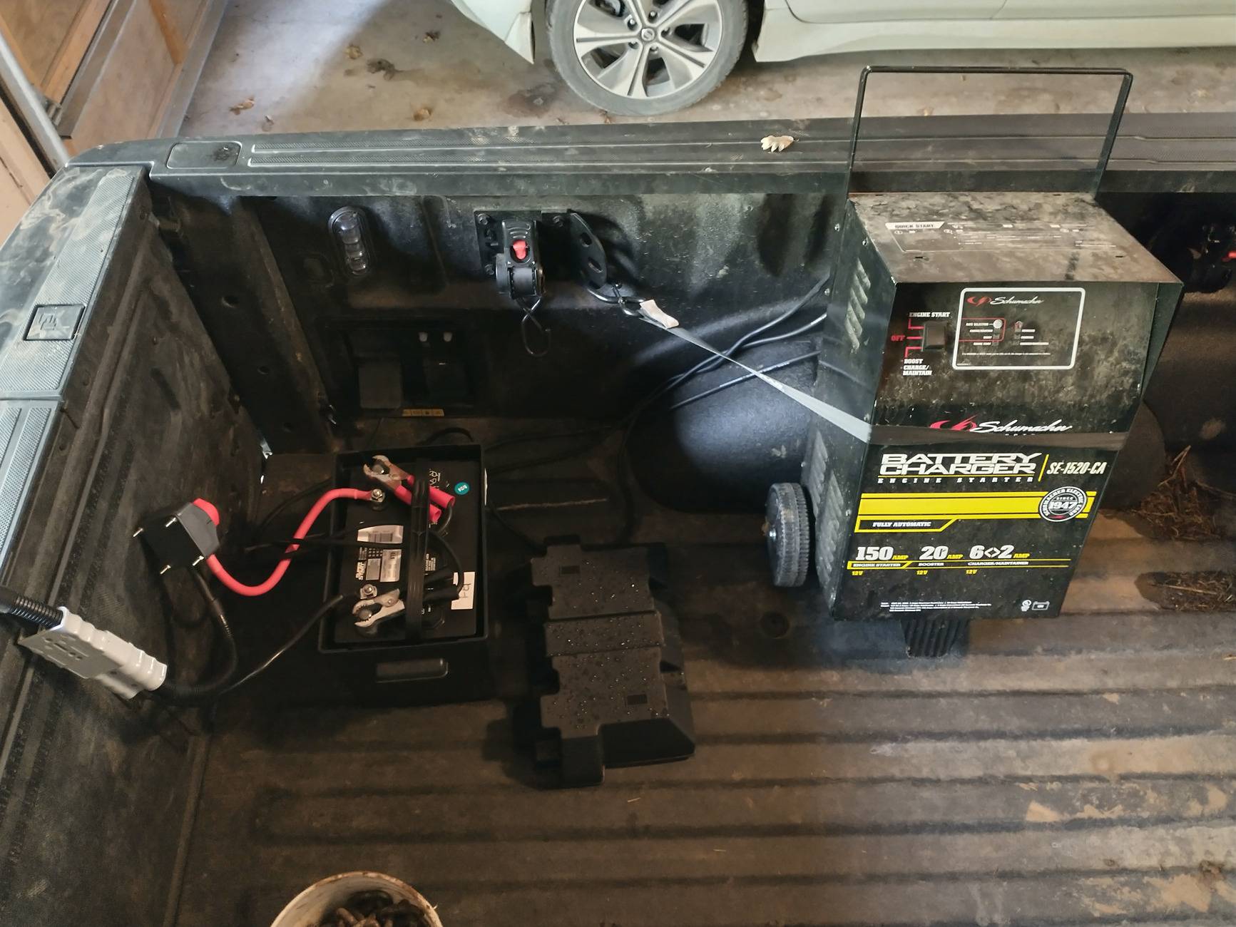 Ford F-150 Lightning 12k winch, trailer hitch mount, deep cycle battery, battery charger setup bed_view