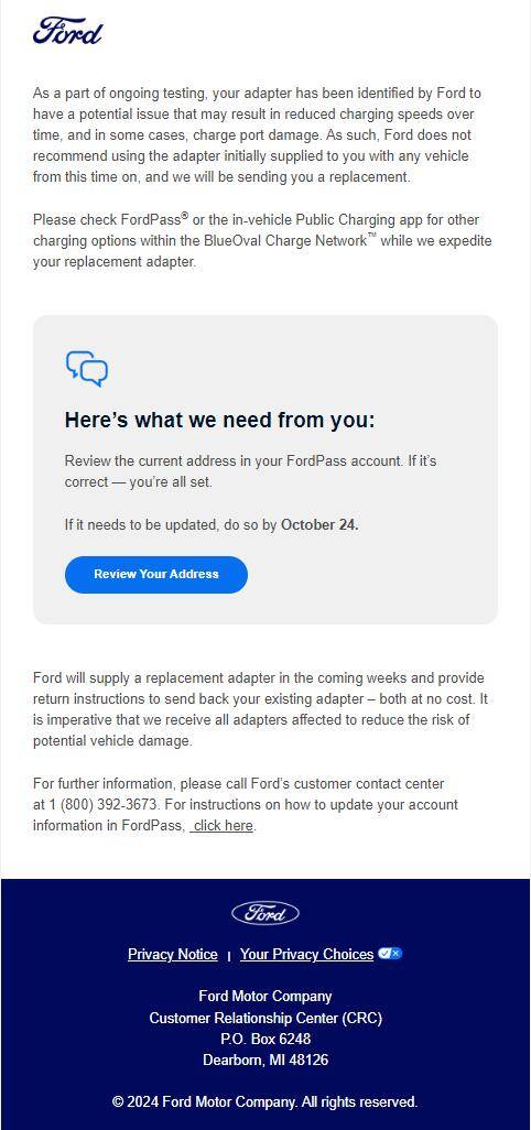 Ford F-150 Lightning Tesla NACS Adapter Recall / Replacement Notice (10/24/24) Capture
