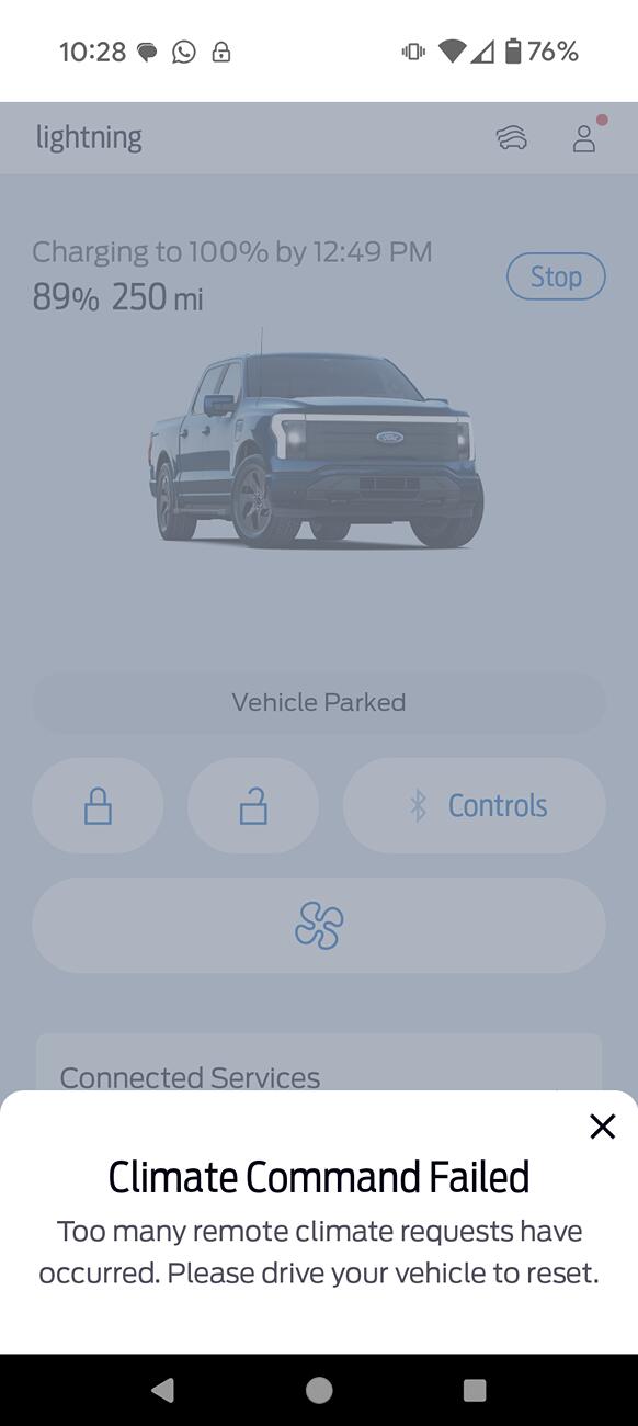 Ford F-150 Lightning Temperature 5F, 3 horn sounds, no remote start climate command failed