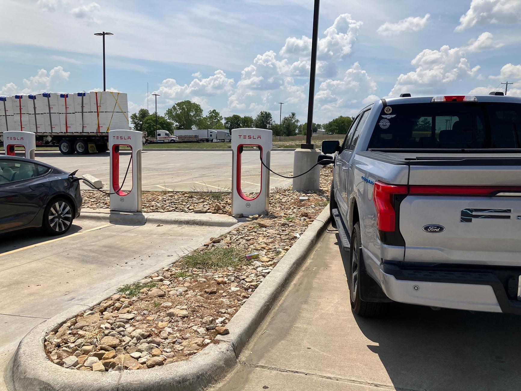 Ford F-150 Lightning Tesla Supercharger Charging with A2Z Adapter - Positive and Negative Experiences Creative Tesla Charger Parkin