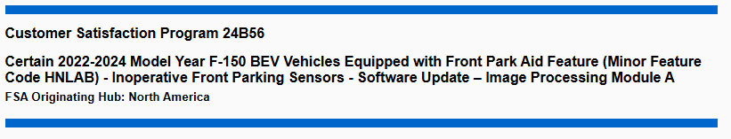 Ford F-150 Lightning CSP 24B56 - Inoperative Front Parking Sensor(s) - IPMA Software Update for Certain 2022-24 F-150 Lightning Trucks CSP_24B56_Banner