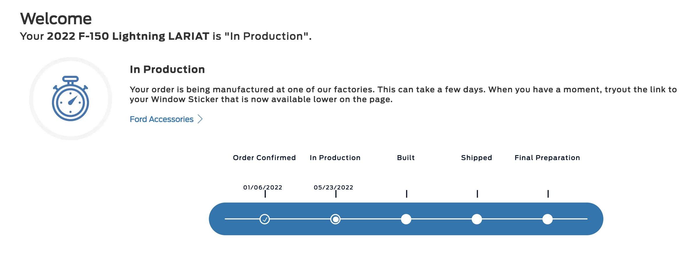 Ford F-150 Lightning Check your Ford order page.  New updated production / build date. Moved up 1 month ! date 2022-05-31 at 2.44.19 PM