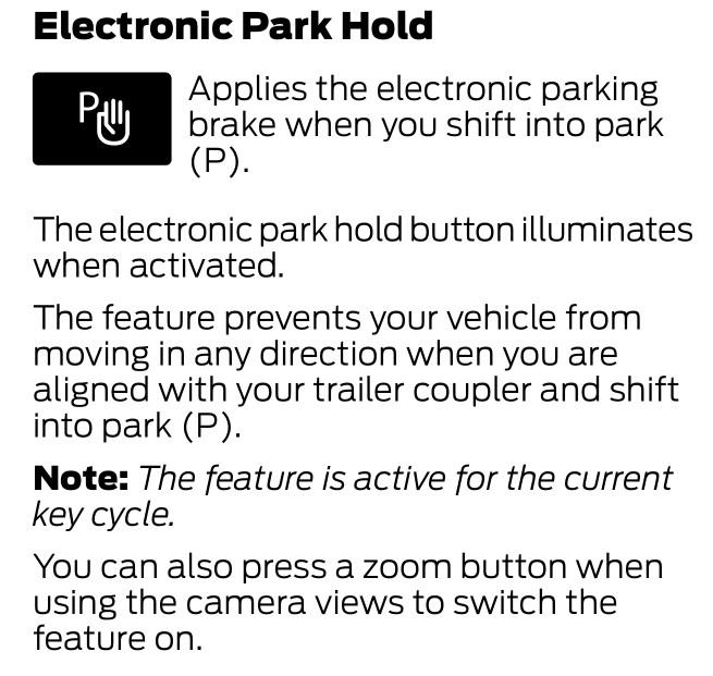 Ford F-150 Lightning Reverse camera hand with P symbol Electronic Park Hold to automatically set the parking brake, use camera button and hand symbol