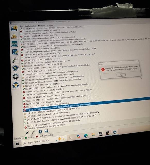 Ford F-150 Lightning Vehicle won't turn on, forscan won't connect, cannot fix, looking for advice error if don't load profile