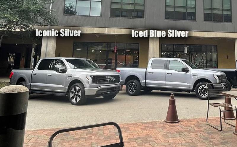 Ford F-150 Lightning Iced Blue Silver vs Iconic Silver F-150 Lightning Side-by-Side Comparison Photos F150 Lightning Iconic Silver vs Iced Blue Silver comparison vs side by side 1