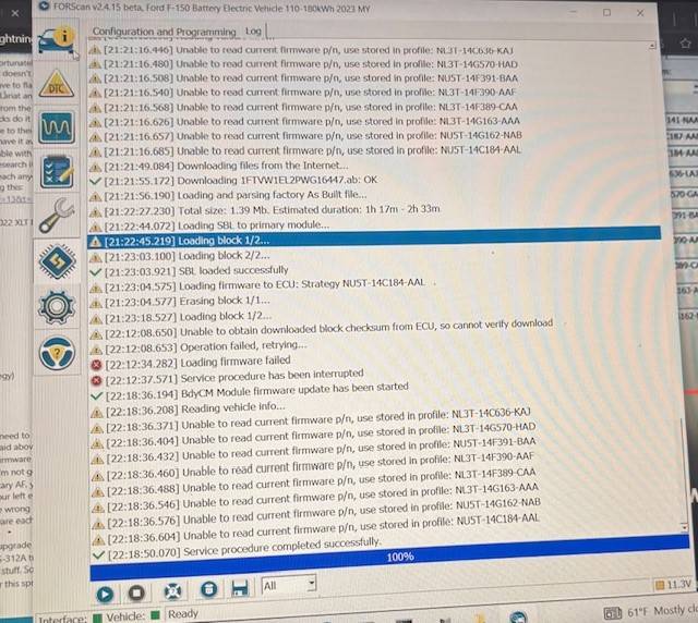 Ford F-150 Lightning Vehicle won't turn on, forscan won't connect, cannot fix, looking for advice failure on module update