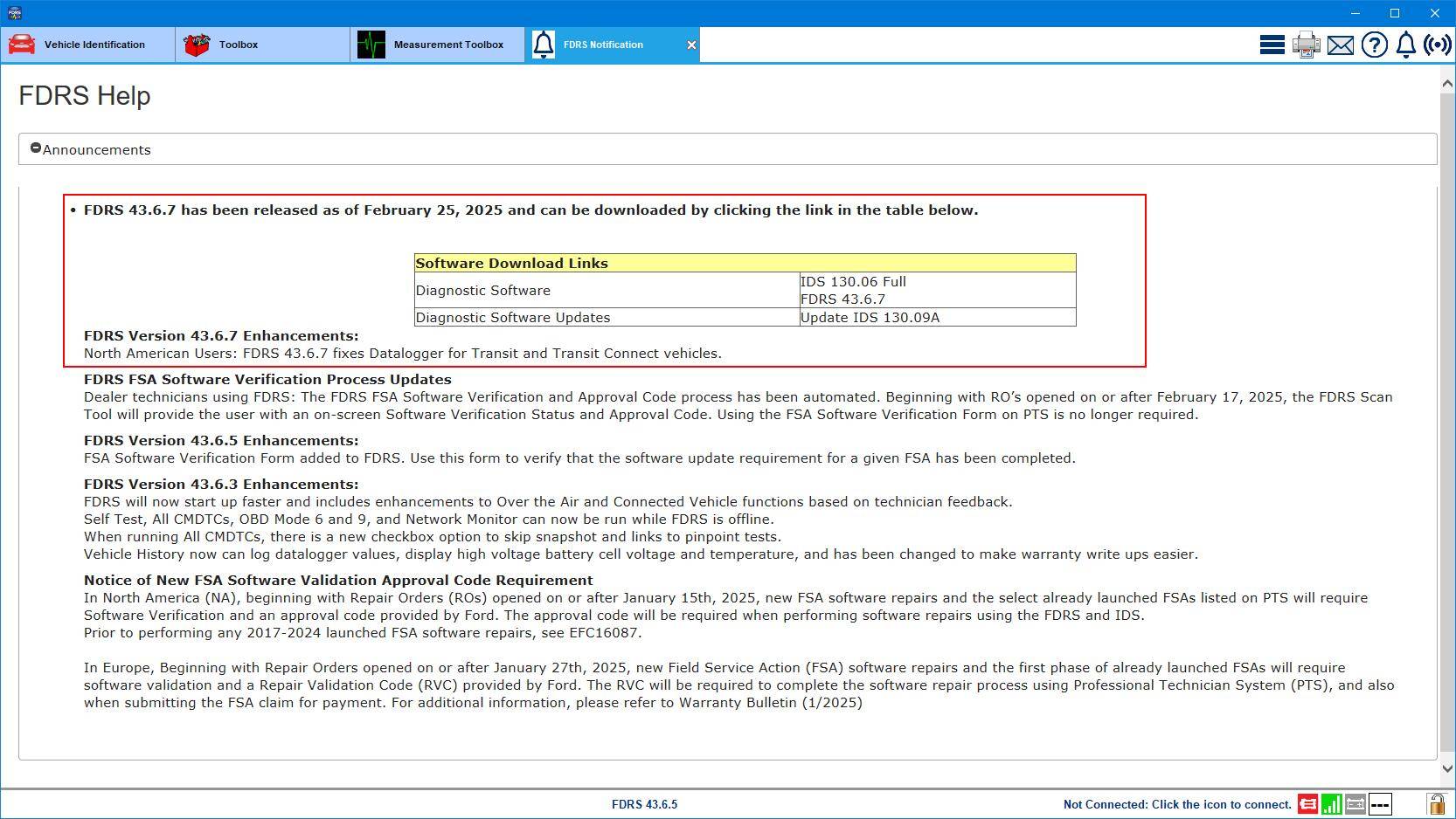 Ford F-150 Lightning Lightning Software Updates using FDRS FDRS_43-6-7_Note