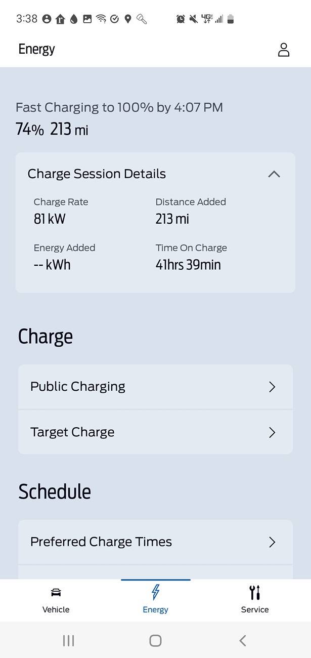 Ford F-150 Lightning Fordpass issues with Location, charging information, Target Charge and other issues Fordpass screen shot of Energy Tab