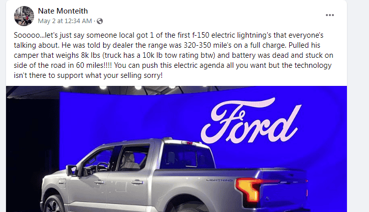 Ford F-150 Lightning Lighting battery dies after 60 miles of towing - does anyone have more info on this? Hoax.PNG