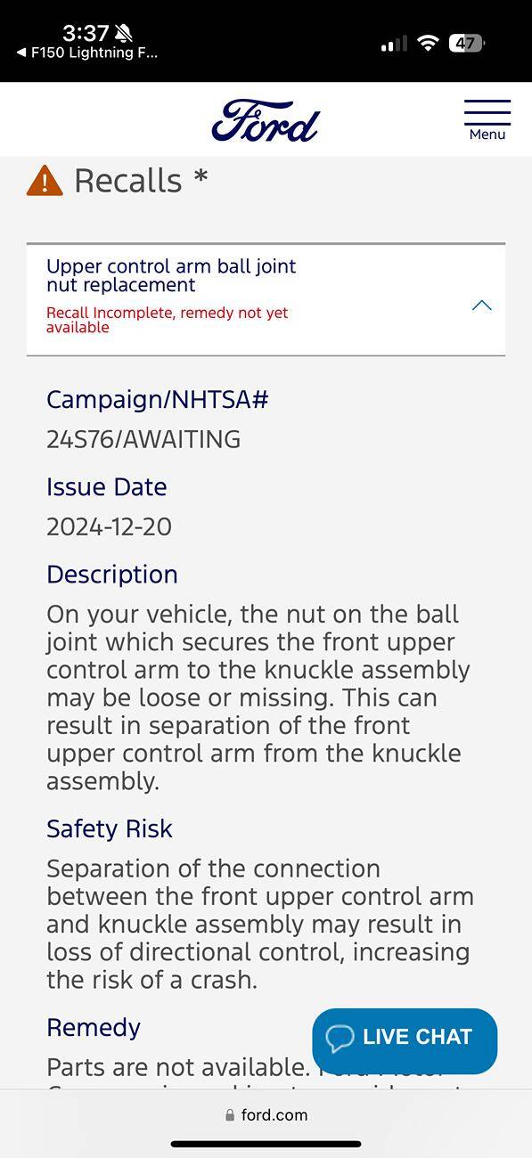 Ford F-150 Lightning NHTSA Recall - Loss of Steering from Front Control Arm Separation (Impacting certain 2023 to 2024 builds) IMG_0375