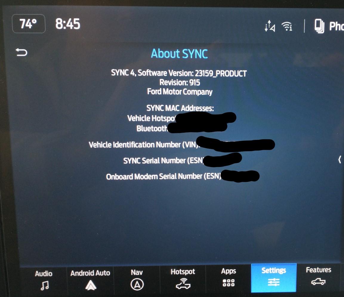 Ford F-150 Lightning Priority Update: 23-PU1103-NAT-VCE (re-release of 6.2.0) IMG_20231119_084507113 About Synce 4 sw ver 23159 rev 915 crossed out Screenshot 2023-11-28 11