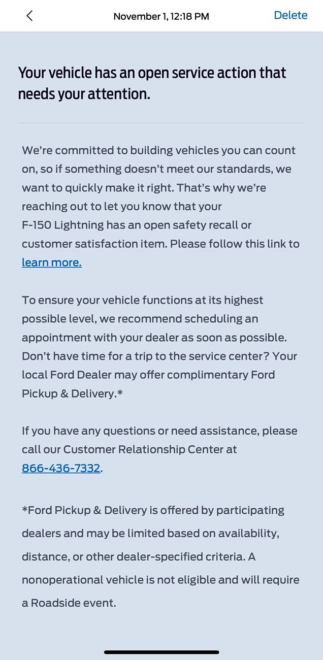 Ford F-150 Lightning “Your vehicle has an open service action that needs your attention” IMG_5335