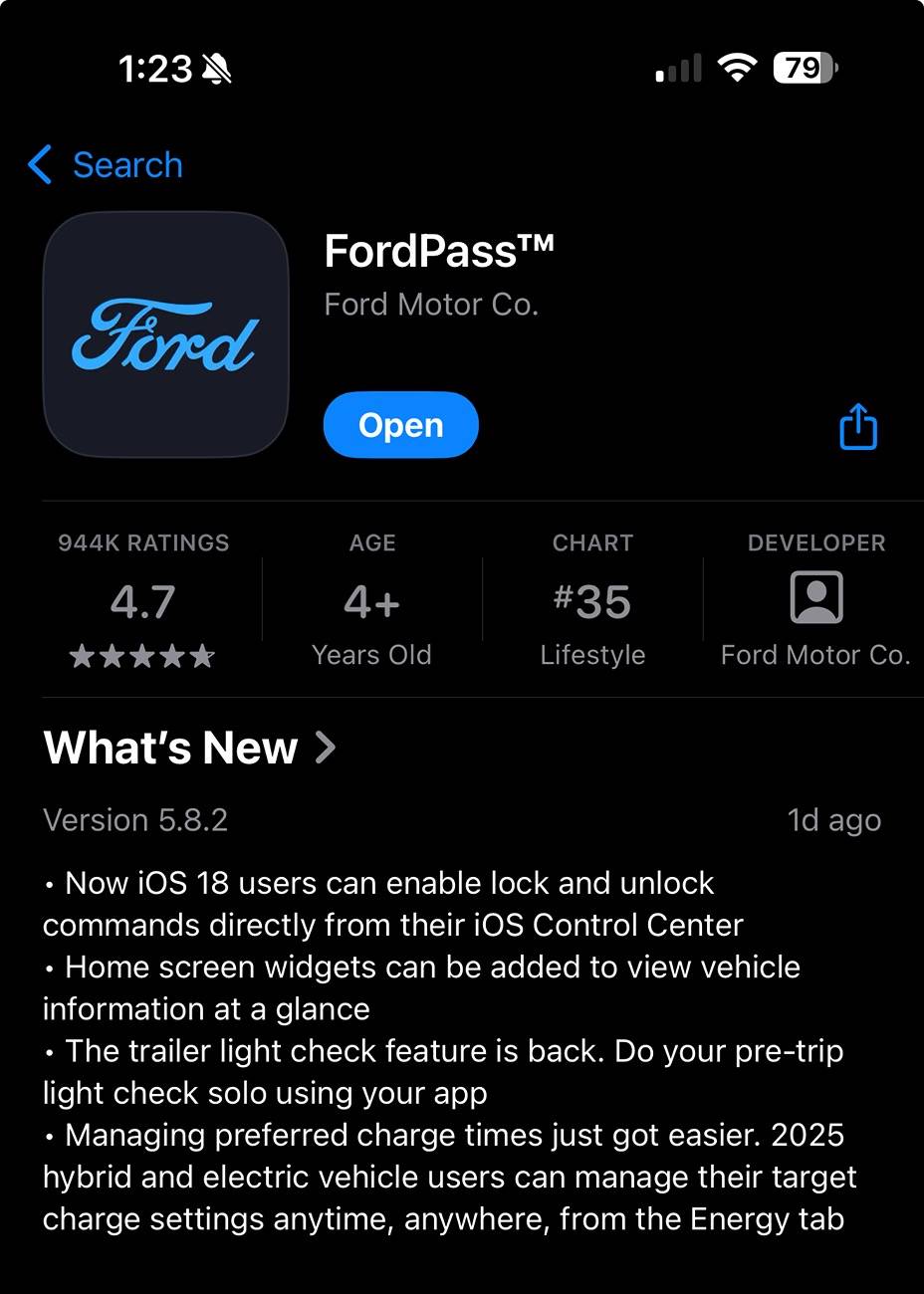 Ford F-150 Lightning FordPass 5.8.0 for android downloaded today IMG_5385