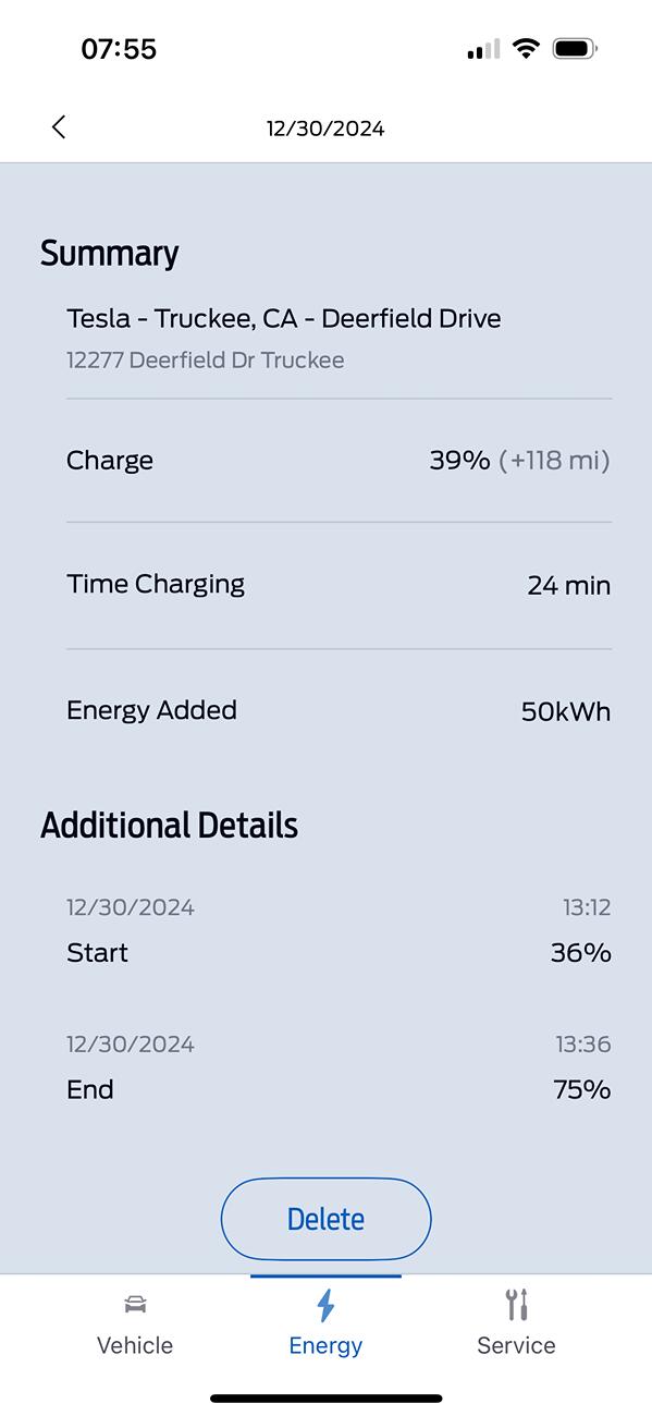 Ford F-150 Lightning Blue Oval charges vs Tesla charge via app IMG_8314