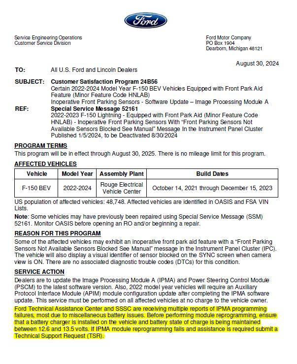 Ford F-150 Lightning CSP 24B56 - Inoperative Front Parking Sensor(s) - IPMA Software Update for Certain 2022-24 F-150 Lightning Trucks IPMA_Powersupply_required