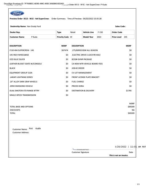 Ford F-150 Lightning Wave 7 Orders & Allocations --Phone Call from Dealer KenGrodyFord -KUDO- Preview Order 0513 - W1E - 4x4 SuperCrew- P Kudo