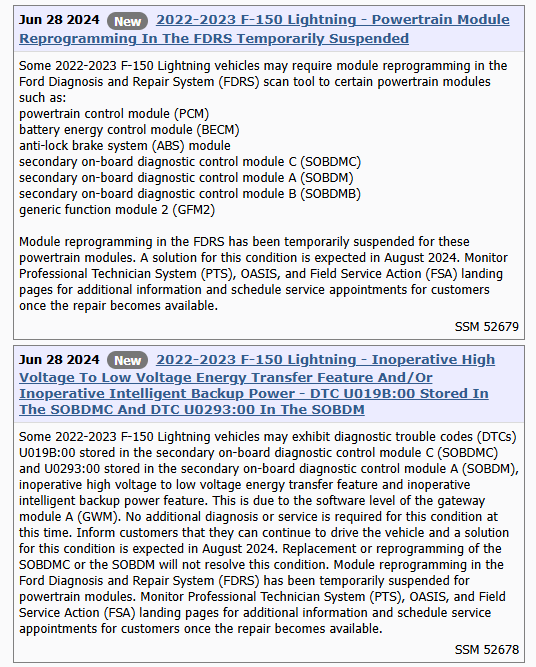 Ford F-150 Lightning 2022-2023 F-150 Lightning - Powertrain Module Reprogramming In The FDRS Temporarily Suspended PTS_28-Jun-24